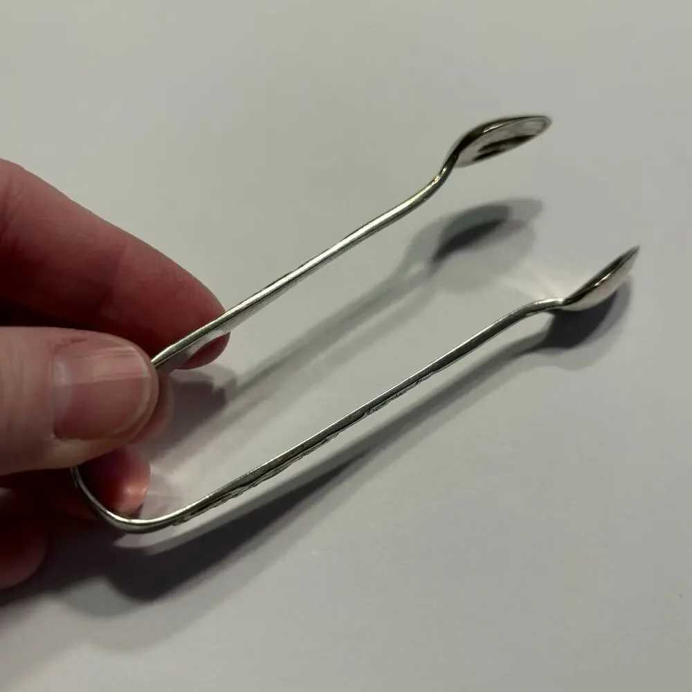 English silver sugar cube tongs EPNS spoon shaped Art Nouveau floral vintage
